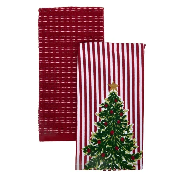 Kirklands Festive Stripe Tree Kitchen Towels Set of 2 84214278 Kirklands Festive Stripe Tree Kitchen Towels Set of 2 84214278 - Image 1