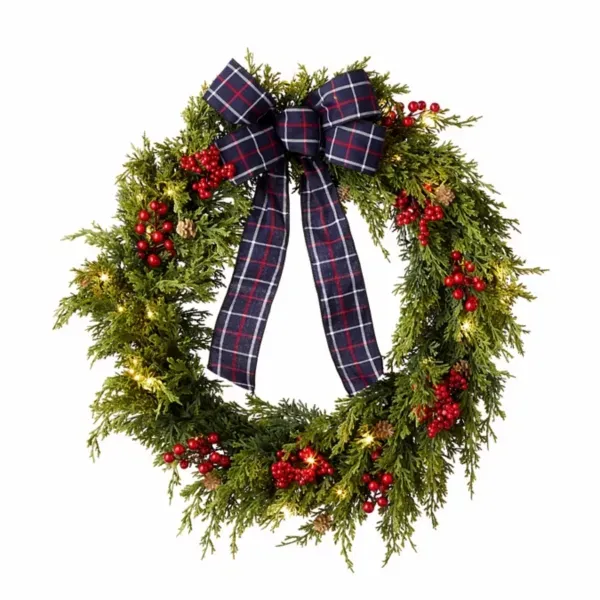 Kirklands Juniper Plaid Prelit 26in Wreath 34573118 Kirklands Juniper Plaid Prelit 26in Wreath 34573118 - Image 1
