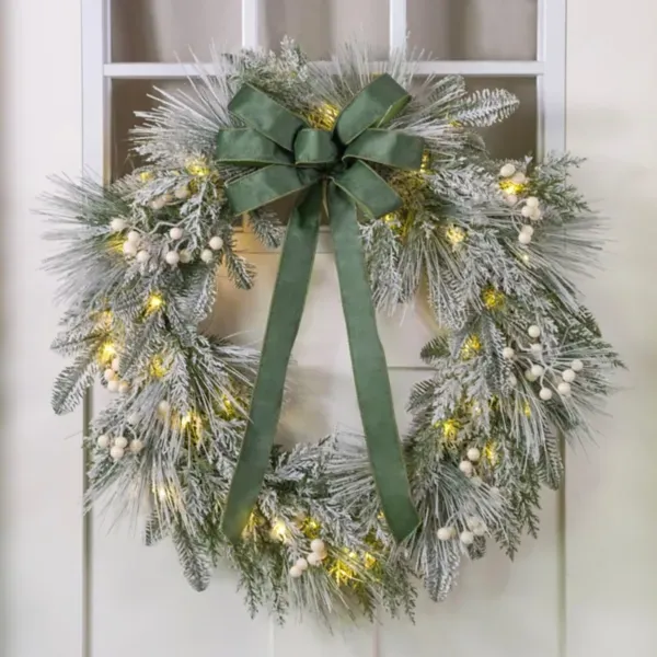 Kirklands Pre-Lit White Berry Green Velvet Bow Wreath 52451191 Kirklands Pre-Lit White Berry Green Velvet Bow Wreath 52451191 - Image 1