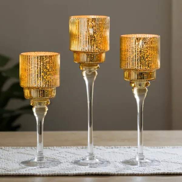 Kirklands Gold Optic Glass Stemmed Hurricanes, Set of 3 42135742 Kirklands Gold Optic Glass Stemmed Hurricanes, Set of 3 42135742 - Image 1